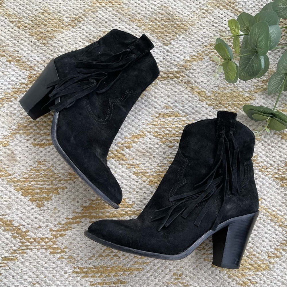 Ash Isha Black Suede Fringe Ankle Boots Stacked Heel Tassel 38